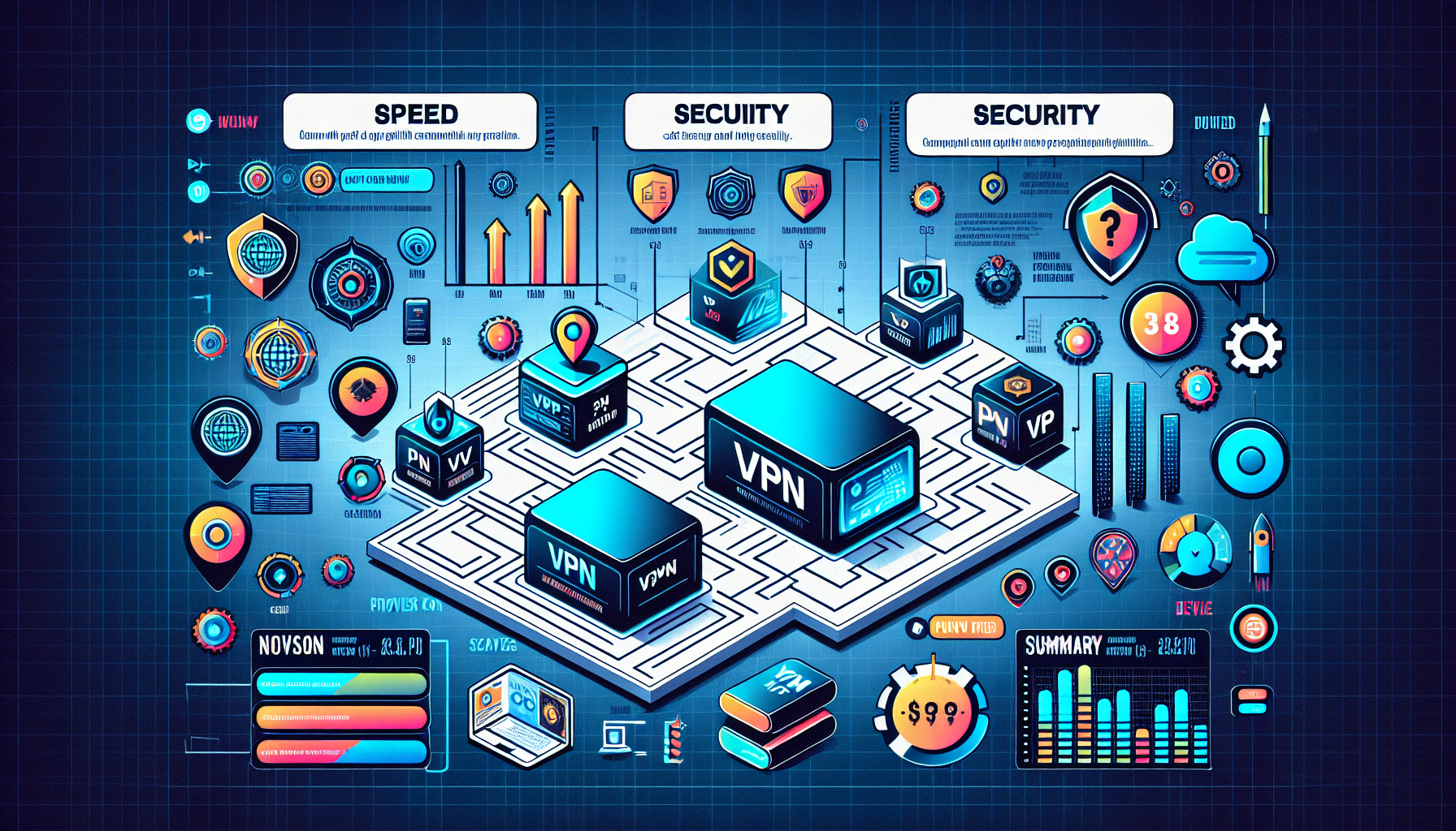 **DALL-E Prompt:** Create a detailed comparison chart showcasing three different VPN services—NordVPN, ExpressVPN, and CyberGhost—in 2023. The chart should include key features like speed, security, pricing, and device compatibility. Highlight the advantages and disadvantages of each service with icons and brief descriptions. The style should be modern, clean, and easy to read, suitable for a technology article.