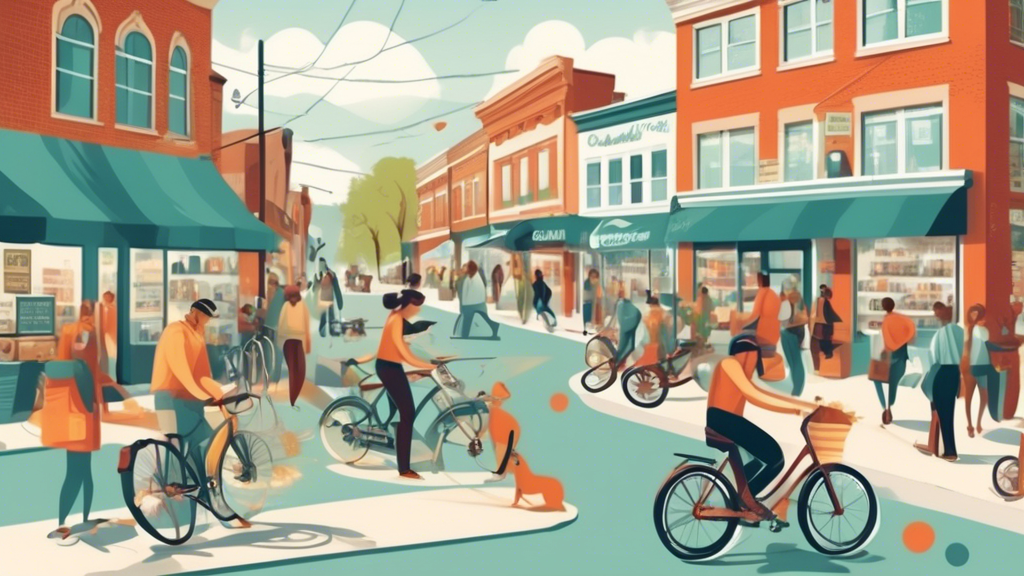 Prompt: An illustration showing the benefits of finding a physical dot locally. The scene includes a community in a bustling small town, with local shops and businesses displaying signs that highlight various uses of physical dots. There is a focus on people engaging in commerce, emphasizing the support for local economy and reducing transportation distances. Visual cues like eco-friendly transportation options (bikes, electric scooters) and symbols for community growth (smiling people, handshake icons) add depth to the illustration.