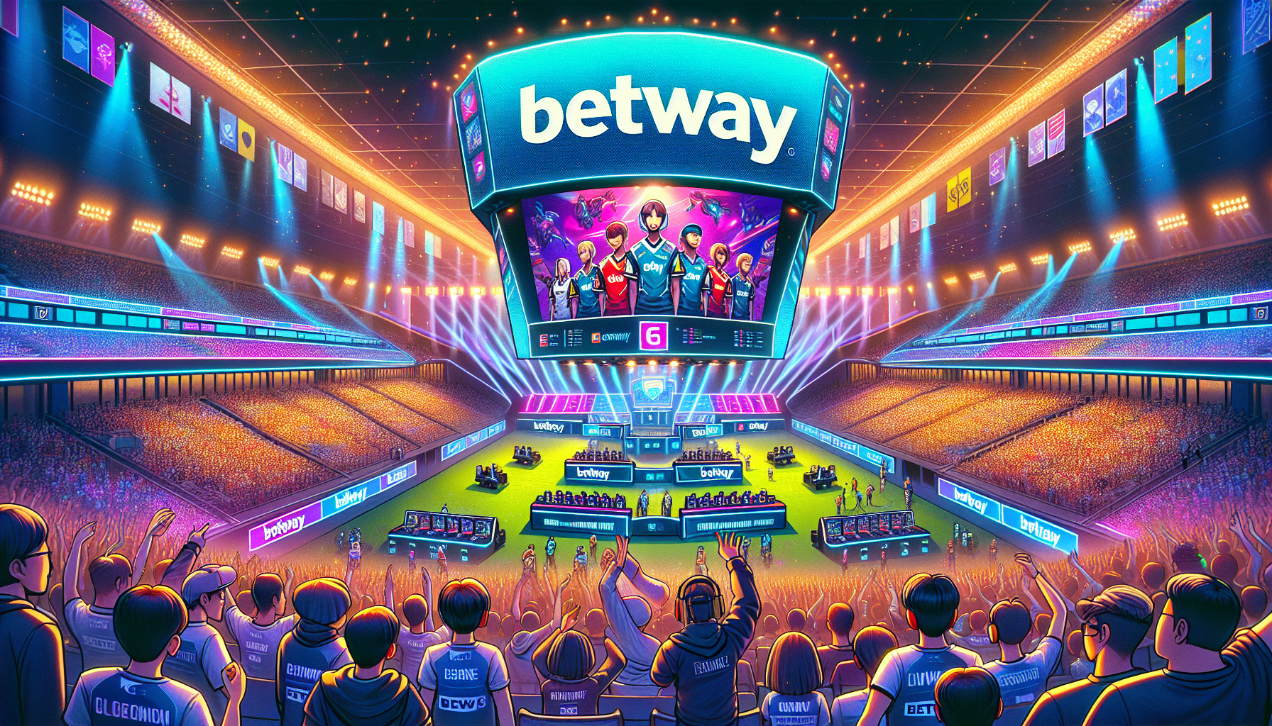 Create an image showcasing a dynamic scene of a major esports tournament, with Betway branding prominently displayed on banners, screens, and player jerseys. Include high-energy interactions between fans and players, capturing the excitement and prestige of the event. The background should feature a large stadium filled with spectators, vibrant lights, and state-of-the-art technology, emphasizing the collaboration between Betway Esports and leading tournament organizations. 

**Prompt for DALL-E:**
A high-energy scene of a major esports tournament with prominently displayed Betway branding on banners, screens, and player jerseys. The background features a large stadium packed with enthusiastic spectators, vibrant lights, and advanced technology. Fans are interacting excitedly with players, capturing the excitement and prestige of the event, highlighting the collaboration between Betway Esports and leading tournaments.
