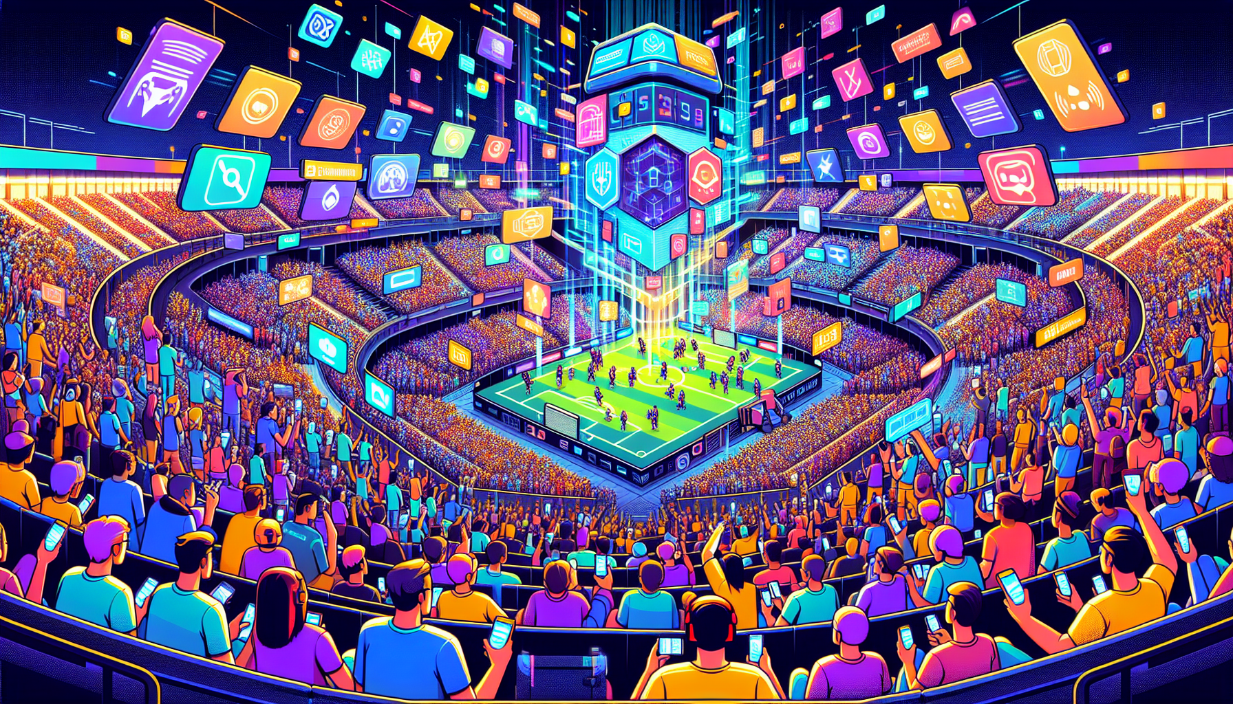 Create an image that showcases a vibrant esports stadium filled with excited fans, many of whom are interacting with their smartphones and digital devices, with augmented reality (AR) and mixed reality (MR) elements enhancing their experience. Include visible branding and subtle logos of Betway Esports on screens, banners, and promotional materials around the stadium. Ensure the scene captures the energy and engagement of the audience, highlighting how technology and social media platforms are being used to enrich their experience. Keywords to include: Betway Esports, fan engagement, augmented reality, digital interaction.