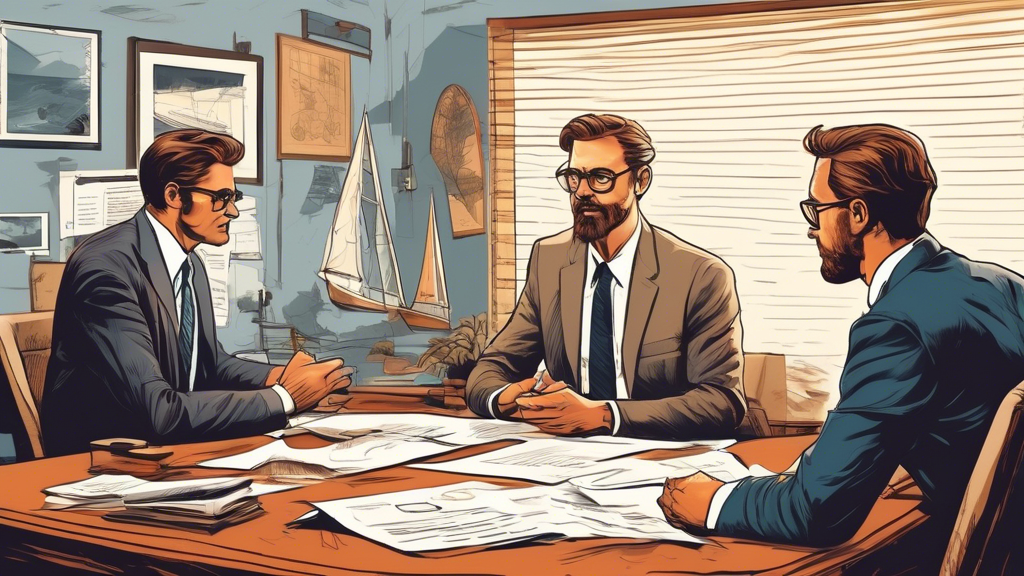 **DALL-E Prompt:**
Create an illustration of a professional meeting scene in an office in Phoenix, Arizona. The image should depict a client, who was involved in a boat accident, consulting with a Phoenix boat accident lawyer. The office should display nautical-themed decor subtly hinting at maritime expertise, such as a model sailboat or maritime paintings. The lawyer is demonstrating experience and knowledge by showing documents and a digital presentation on a large screen that lists criteria for assessing boat accident claims. The setting should convey trust, expert consultation, and a focus on local Phoenix legal practice in boat accidents.