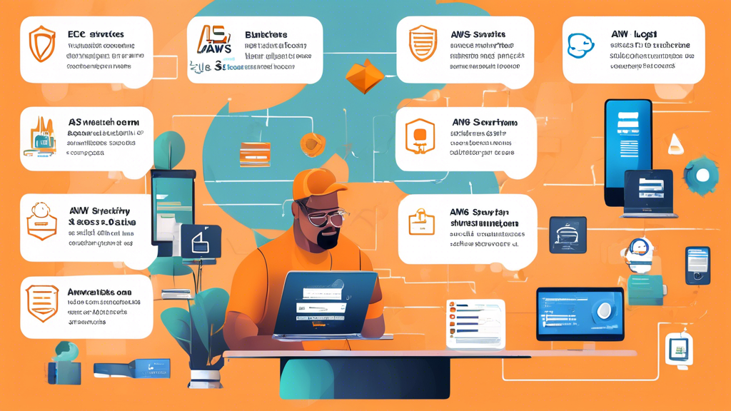 A step-by-step illustration showing how to create an AWS account, including bullet points on basic AWS services like EC2, S3, and RDS. Visual cues of a laptop with the AWS login page, and icons representing each service. A banner highlighting the 