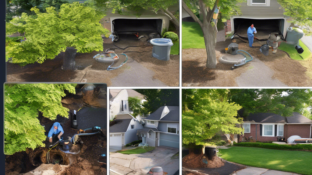 Create an image showcasing a residential setting where professional plumbers are diagnosing sewer line problems. Include tools like camera inspection equipment and dye tests being used. Show elements hinting at potential causes of sewer line damage, such as tree roots, clogs, and corroded pipes. The scene should portray both inside and outside views, emphasizing the comprehensive nature of the inspection process in a home environment.