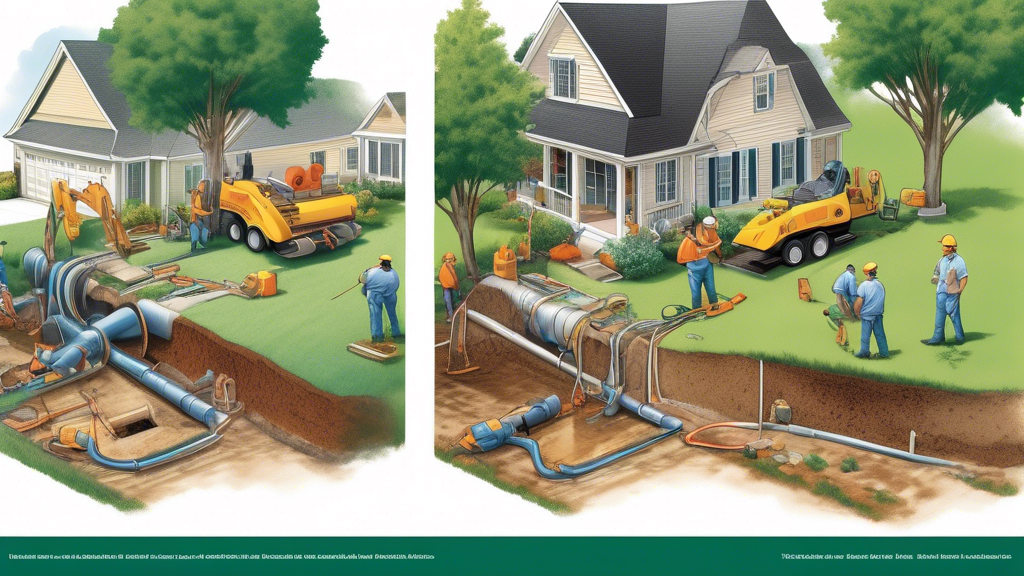 Create a detailed DALL-E prompt for an illustration showcasing residential sewer line repair solutions and best practices:

A detailed illustration of a residential sewer line repair scene. On the left side, show modern trenchless repair methods with technicians performing pipe bursting and pipe relining under a lawn without digging up the surface. On the right side, depict traditional repair techniques with workers excavating a trench to replace a damaged pipe. At the top, include preventative maintenance activities such as cleaning drains, using root barriers around trees, and inspecting pipes with a camera. The residential setting should show a house, a well-maintained garden, and clear labels indicating each repair method and maintenance tip.