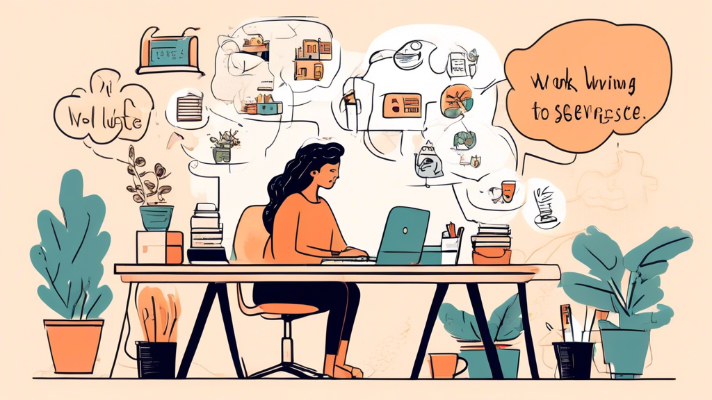 A cozy home office bathed in warm sunlight. A person sits at a desk, typing on a laptop with a steaming mug of coffee beside them. A hand-drawn thought bubble above their head is filled with icons representing different work-from-home side hustles: a pen and paper (writing), a shopping cart (ecommerce),  a chat bubble (customer service), and lines of code (web development).