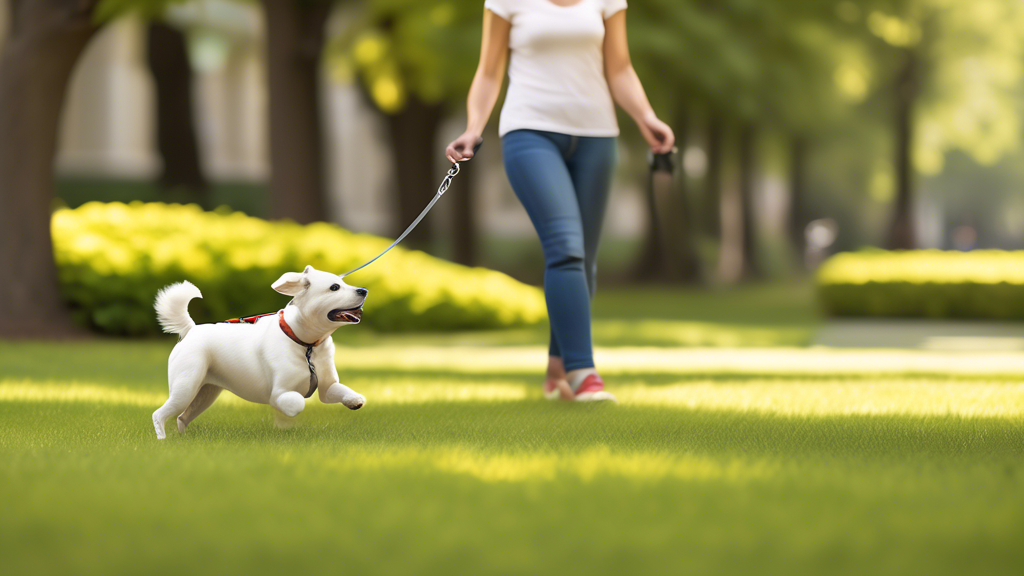 Create an image of a dog owner demonstrating proper use of a retractable dog leash in a safe and controlled manner. The scene should include a well-maintained park setting with clear, sunny weather. Highlight the appropriate handling techniques, such as holding the leash securely, maintaining a reasonable distance from the dog, and allowing the dog to explore while ensuring its safety. Include labels or annotations pointing out safety tips and best practices.