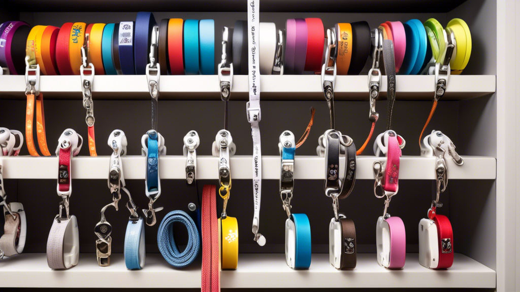Create an image of a selection of high-quality retractable dog leashes displayed on a physical or digital shelf, with diverse styles, colors, and sizes. Each leash should have a small label indicating its brand and key features. Include a few visible customer review cards with ratings and short testimonials. Show an attentive pet owner comparing different leashes, with a happy dog by their side, looking eager and excited. The background should be a bright, pet-friendly store ambiance.