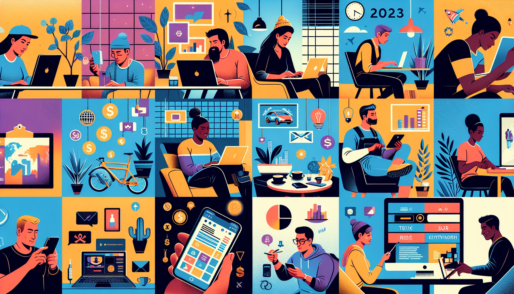 # DALL-E Prompt:

Create an image that showcases a variety of the best side hustles to make money in 2023. Include elements like a freelance writer working on their laptop at a cozy café, a virtual assistant on a video call, an e-commerce business owner managing their online store, an online tutor teaching students on a computer, a social media manager scheduling posts on a smartphone, a ride-share driver picking up a passenger, a photographer taking stock photos, a blogger typing a new article, a handyman fixing something in someone