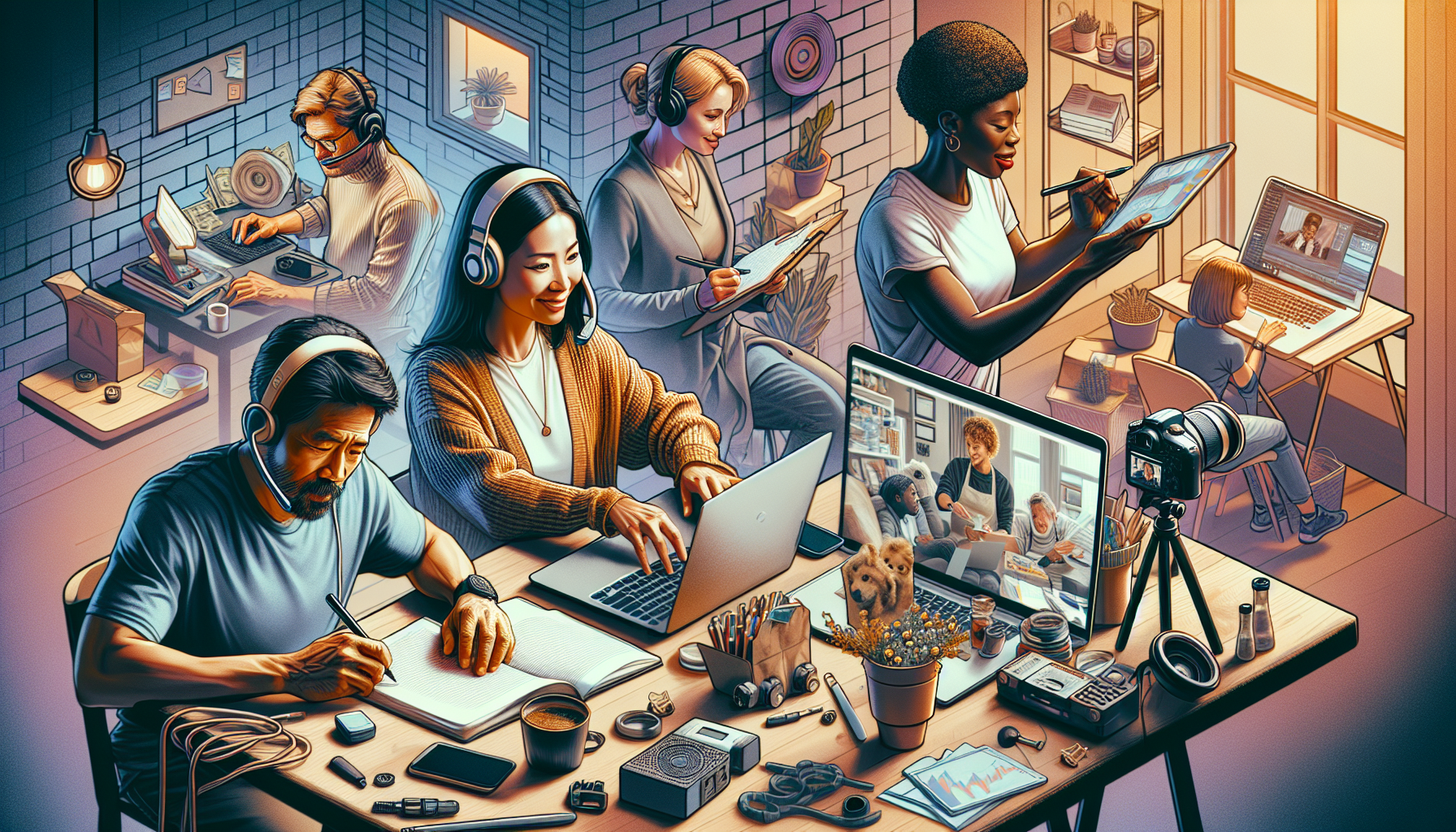 Create a DALL-E image of a diverse group of people sitting around a table, each person engaged in a different side hustle activity such as freelance writing, virtual assistant tasks, setting up an online store on their laptop, online tutoring via a webcam, and social media management on a tablet. The table should be scattered with various objects representing these side hustles, like notebooks, phones, delivery bags, a camera, and tools. The background should be a modern, cozy co-working space, giving the sense of collaboration and productivity. The image should visually represent the idea of choosing the best side hustle to make money in 2023, emphasizing diversity in activities and individuals.