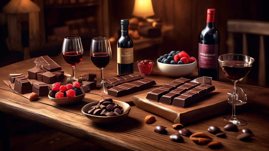 Artistic depiction of a gourmet tasting session featuring a variety of Hu chocolate bars, each paired with complementary beverages and snacks such as red wine, almonds, and fresh berries, all arranged elegantly on a rustic wooden table in a cozy, dimly lit room.