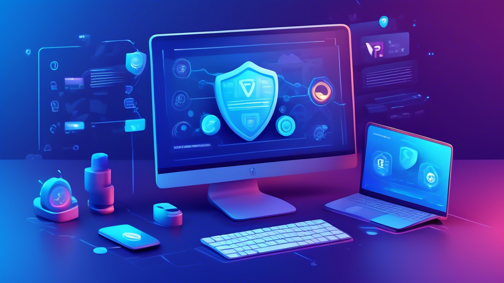 Create an image of a modern desktop computer displaying a clean, user-friendly interface of a VPN application. The screen should show various metrics like speed, security level, and a large Connect button. Surrounding the computer are recognizable icons or logos of the top recommended free VPN services. The background is a gradient blend of blue tones, symbolizing security and trust.

**Prompt for DALL-E:**
A modern desktop computer screen displaying a user-friendly VPN application interface with metrics such as speed and security level, and a large 