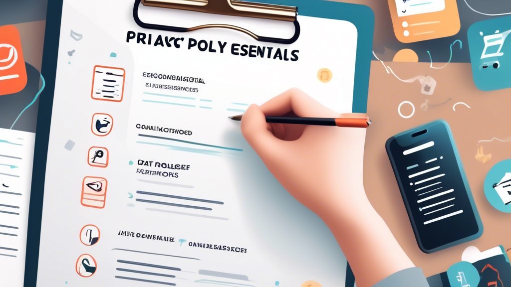 Create an image that shows a checklist on a clipboard titled Privacy Policy Essentials for Online Stores. The checklist includes items like Data Collection, Data Usage, Data Storage, and Third-Party Sharing. The background contains icons and illustrations representing various types of online stores, such as retail shops and subscription services, to signify the different considerations. Make the design clean and professional, indicating the importance of covering all these elements in an online store’s privacy policy.