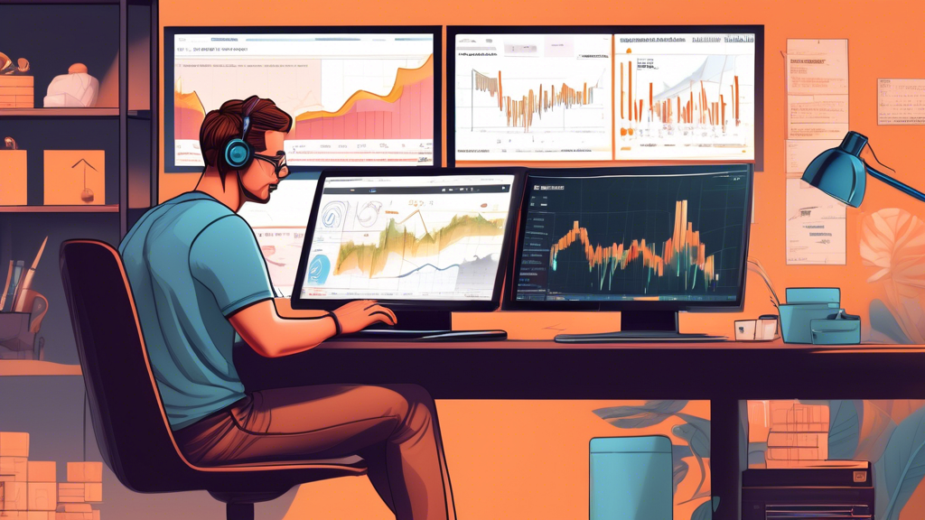 Create an image prompt for point #3:

A realistic digital illustration depicting a novice crypto trader using a laptop, engaged in demo crypto trading. The scene includes a neat workspace with sticky notes of strategies pinned on a bulletin board, a cup of coffee, and some open books on trading. The computer screen shows a detailed dashboard with graphs and a section on goals and expectations. Beside the laptop, there are notes outlining a step-by-step plan on how to transition from demo trading to live trading. The overall ambiance should be motivating and educational, with warm lighting giving a sense of focus and determination.