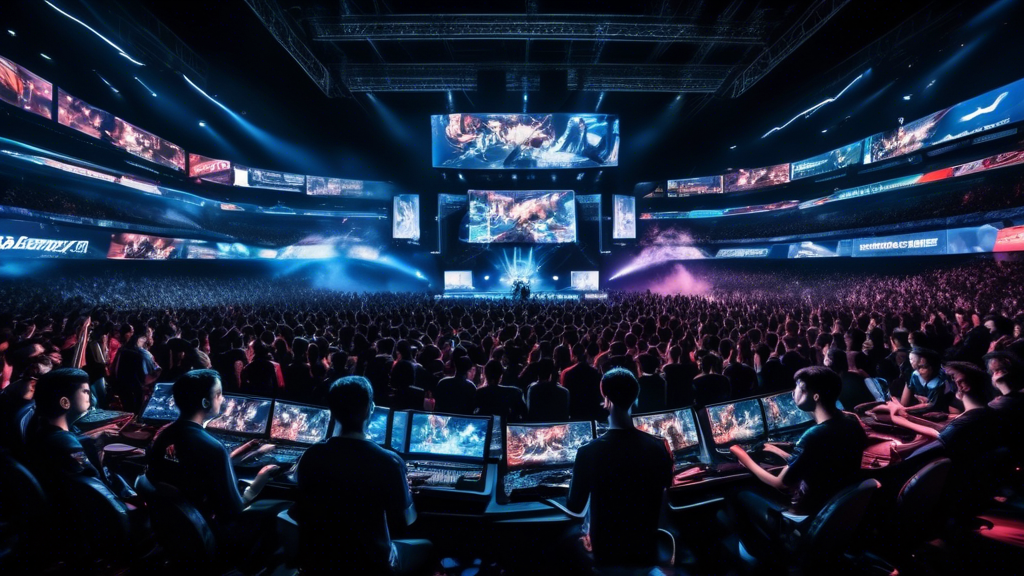 A dynamic scene showing a packed stadium with a live E-Sports tournament in progress. The audience is excited, with giant screens displaying competitive gameplay from a popular game. Advertisements for major brands and sponsors are prominently featured around the arena. In the foreground, professional E-Sport players are intensely focused on their high-performance gaming setups, representing the business aspect of sponsorships and endorsements. The scene highlights how E-Sports have evolved into a major spectator sport and a lucrative industry, blending the world of entertainment and cutting-edge technology.