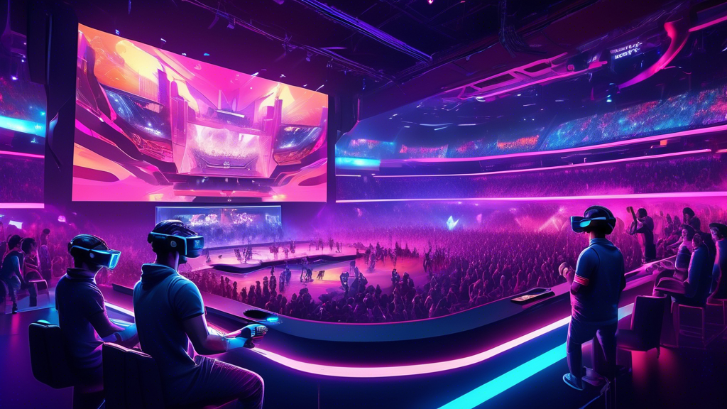 A futuristic arena filled with spectators watching an intense e-sports competition through VR and AR headsets, with holographic displays showing live stats and gameplay. The scene should feature new and emerging e-sport titles, creating a vibrant and immersive environment that highlights the technological advancements and global cultural impact of e-sports.