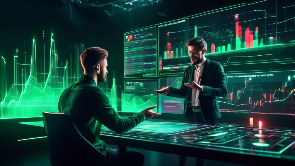 Create an image of a futuristic trading interface displayed on a large, holographic screen in a sleek, modern environment. The screen shows various cryptocurrency charts and graphs with green and red candlesticks, indicating active trades. An enthusiastic young trader is interacting with the holographic screen using hand gestures, while a mentor or coach stands beside them, offering guidance. The image should also include hints of a digital training manual or guidebook floating nearby, emphasizing strategies, common mistakes to avoid, and tips for maximizing learning. The background should suggest a high-tech, professional setting, incorporating elements related to cryptocurrency and technology.

Prompt: Futuristic trading interface displayed on a large, holographic screen showing cryptocurrency charts and graphs. An enthusiastic young trader interacts with it using hand gestures, guided by a mentor or coach. Include a floating digital guidebook highlighting strategies, common mistakes, and learning tips. High-tech, professional setting with elements of cryptocurrency and technology.