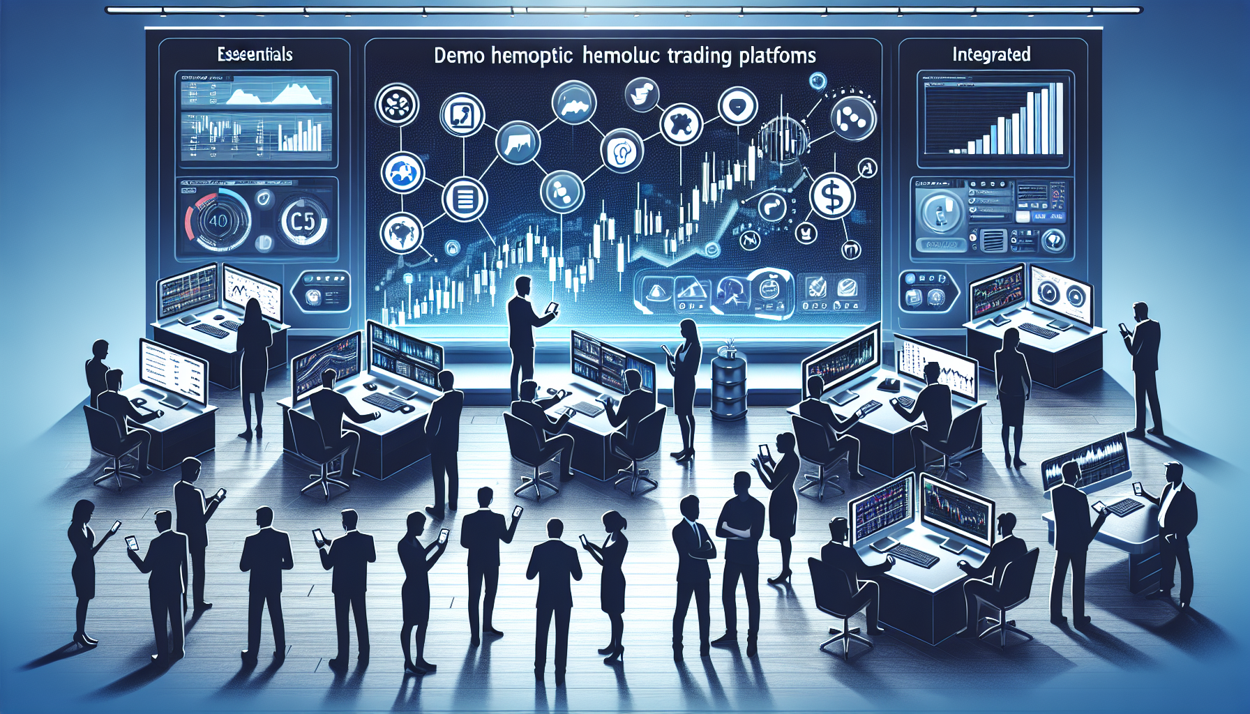 Create an image that shows people using different demo trading platforms on their computers and smartphones. Highlight key features like user-friendly interfaces, real-time market data, and educational tools. Include logos of popular demo trading platforms like Binance, eToro, and Coinbase, and depict a comparison chart. The background should be a modern, high-tech setting, possibly a sleek office or a futuristic room, creating an atmosphere of advanced technological engagement.