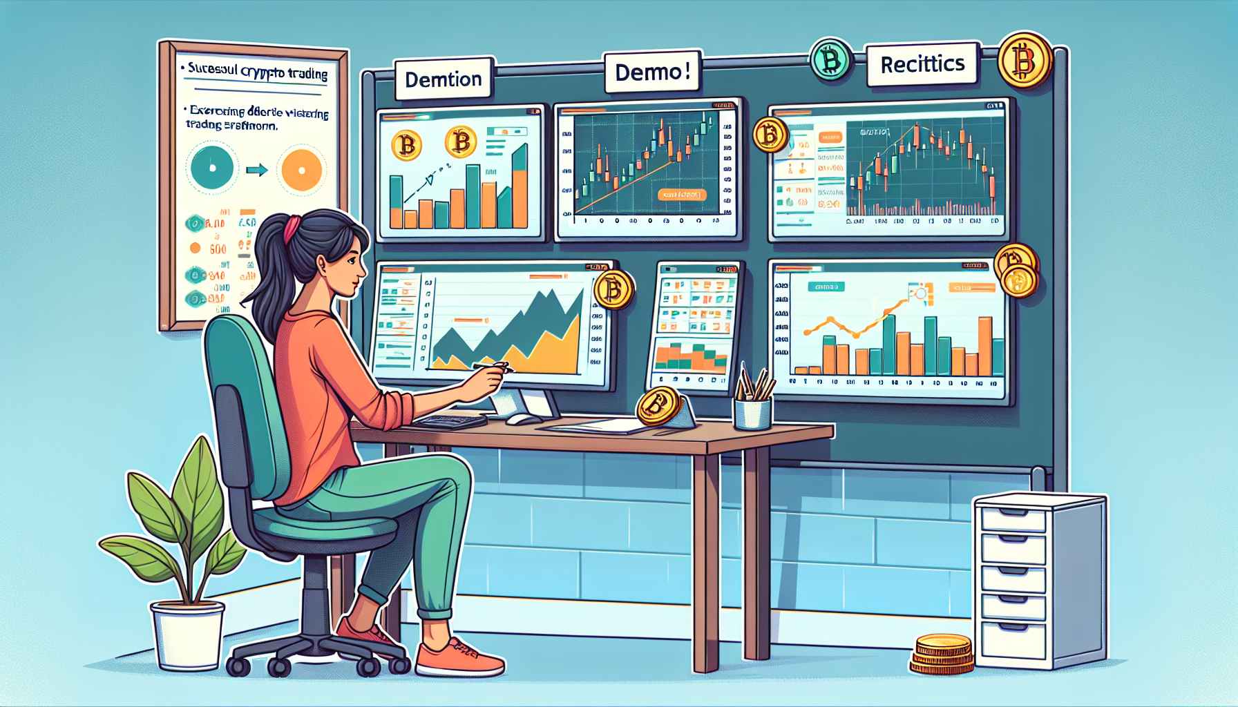 Create an image that illustrates successful demo crypto trading strategies. The scene shows a beginner trader at a desk, with multiple computer screens displaying charts, graphs, and rising cryptocurrency prices. The trader looks focused and is taking notes, practicing various tactics on a simulated trading platform. In the background, a whiteboard displays a list of strategies and error corrections marked for review, symbolizing the process of learning and improvement.