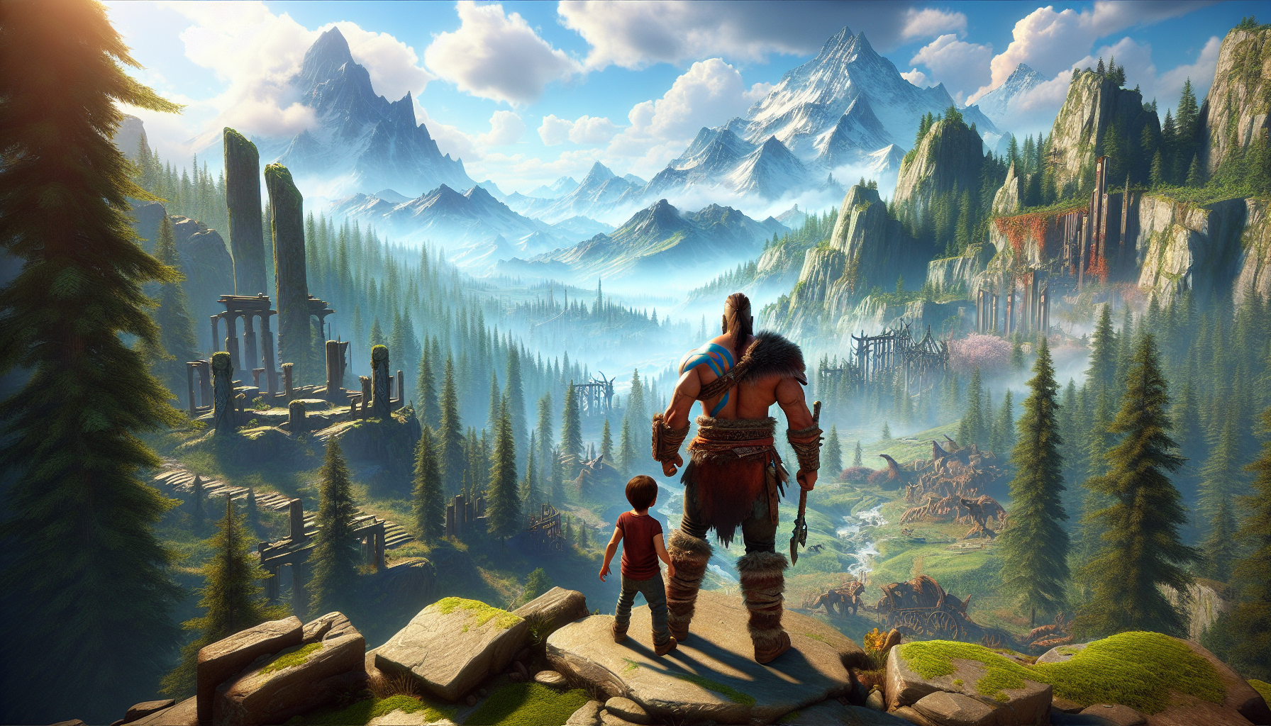 A highly detailed image of Kratos and Atreus standing on a mountain peak, overlooking a vast, visually stunning landscape filled with mythical Norse elements. The scene should be rich with intricate details, showcasing the power of PS4’s graphics capabilities, with dense forests, towering mountains, and a clear, dramatic sky. The lighting and shadows are meticulously crafted to highlight the textures and realism of the environment. In the background, ancient ruins and mystical creatures can be spotted, creating a sense of epic scale. The image should also hint at the immersive audio experience by including visual elements like flowing waterfalls and rustling leaves that suggest a rich soundscape.