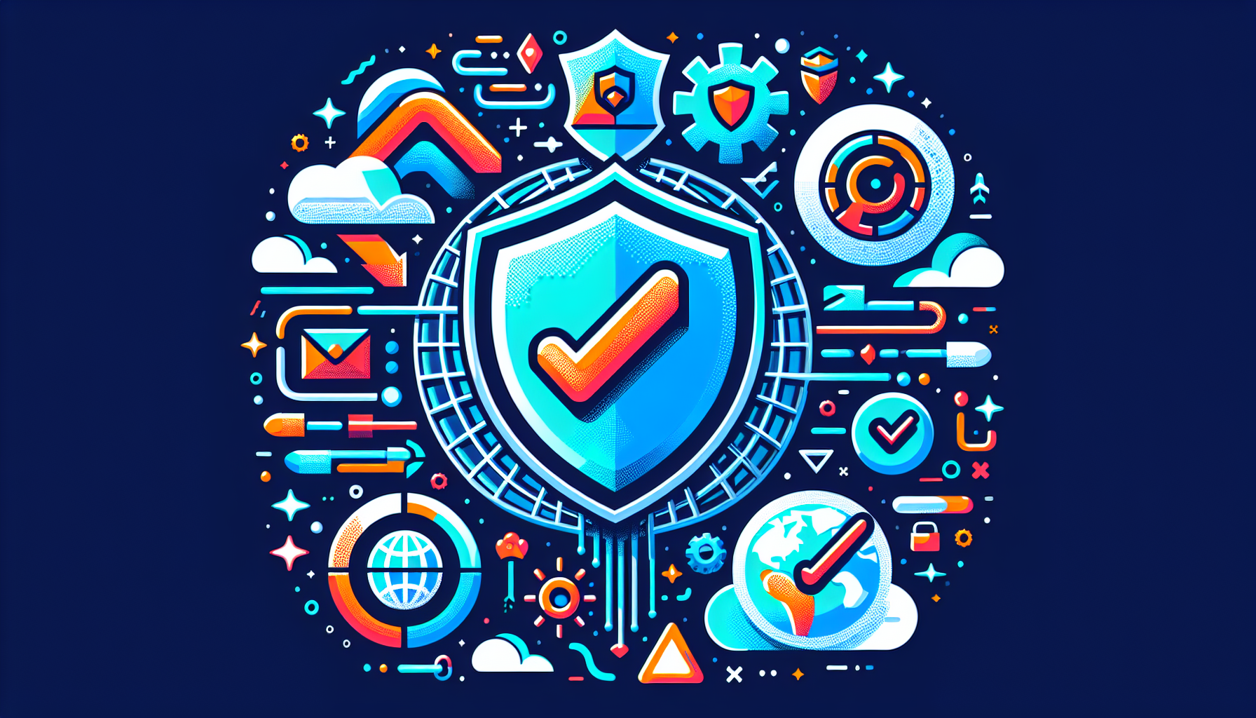 Create an image showcasing the benefits of SmartDNSProxy VPN, featuring enhanced online privacy and security, a globe highlighting geo-restrictions being bypassed, and fast internet speed performance. Include elements like shields for security, a checkmark for global access, and speedometers showing high internet speed.