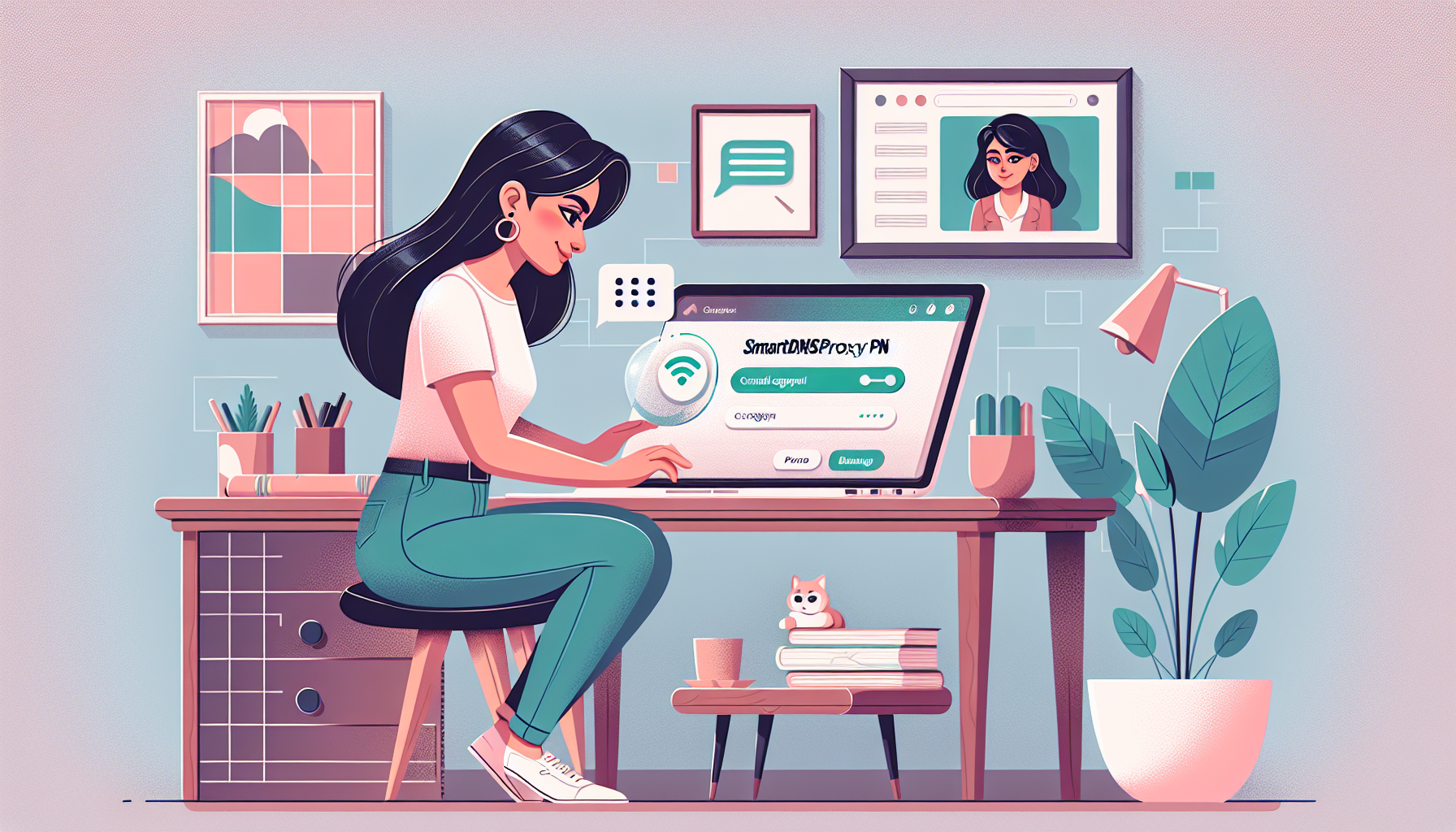 Create an image that depicts a person effortlessly installing and setting up SmartDNSProxy VPN on their laptop. They are following a step-by-step guide shown on the screen. Background elements should include a comfortable home office setting, with a stable internet connection icon and a customer support chat window open for assistance. Highlight ease of use and provide a sense of accomplishment. Keywords: smartdnsproxy vpn, easy installation, home office, customer support.