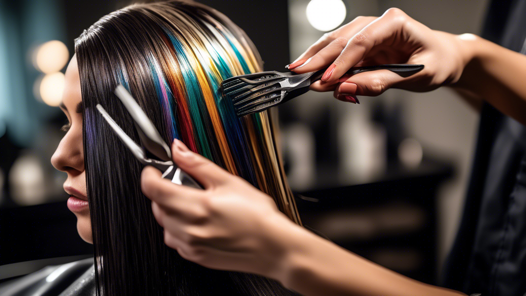 Create a highly detailed image of a professional hairstylist meticulously applying 10 foils to a client