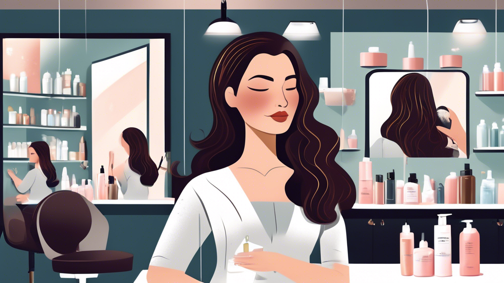 A detailed illustration of a woman with dark hair visiting a salon after getting 10 foils applied. She is seated comfortably with a serene expression, surrounded by high-quality hair care products. The hairstylist is shown providing a post-color treatment, gently massaging a nourishing conditioner into the hair. The background shows a clean and stylish salon space with various home maintenance products like sulfate-free shampoos and deep conditioning masks neatly arranged. The overall theme conveys aftercare and maintenance for long-lasting, vibrant hair color.