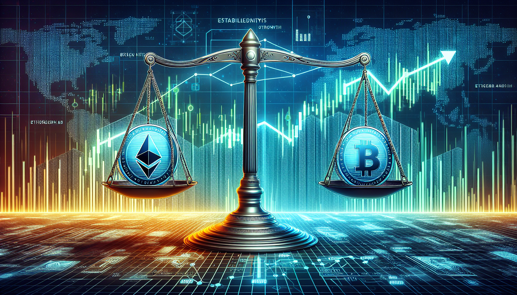 Create an image showcasing a balanced scale with Bitcoin and Ethereum symbols on one side, representing established stability, and data charts on the other side showing growth trends. The background should feature a futuristic digital landscape with blockchain elements to emphasize advanced technology and market analysis. Title at the top: Established Cryptocurrencies Offering Stability and Growth.