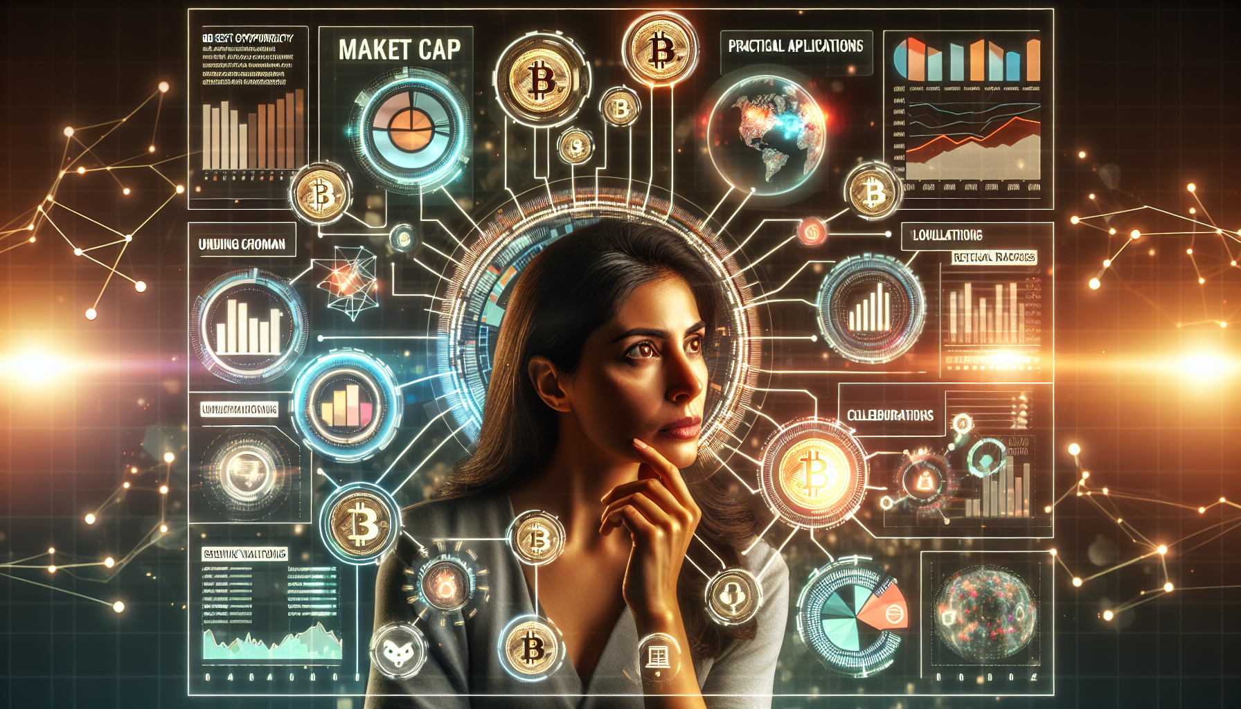 Create an image of a thoughtful investor surrounded by digital screens displaying graphs, charts, and statistics related to various cryptocurrencies. Include elements highlighting key factors such as market cap, technology, use case scenarios, and notable partnerships. The backdrop can feature contrasting symbols for stability (e.g., Bitcoin) and emerging risks (e.g., regulatory warnings), with the investor making informed choices while diversifying their portfolio. Text overlay: Best Cryptocurrency to Invest 2022 - Smart Investment Criteria and Strategies.