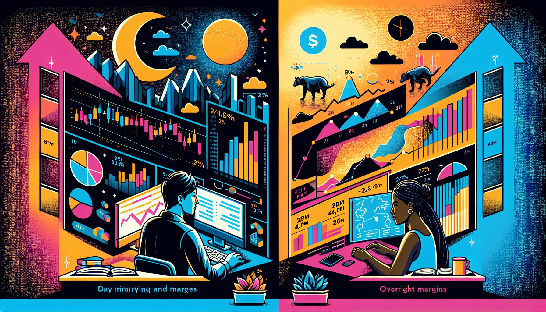 Create an image that visually explains the difference between day trading margins and overnight margins in NinjaTrader. Illustrate two distinct trading scenarios side-by-side: one for day trading, featuring a dynamic daytime stock market scene with a trader closely monitoring charts and figures; and the other for overnight margins, depicting a calmer, nighttime scene with a trader reviewing positions, accompanied by informative annotations explaining the different margin requirements and impacts on trading strategies. Use a clear, infographic style with labels and icons to highlight key points.