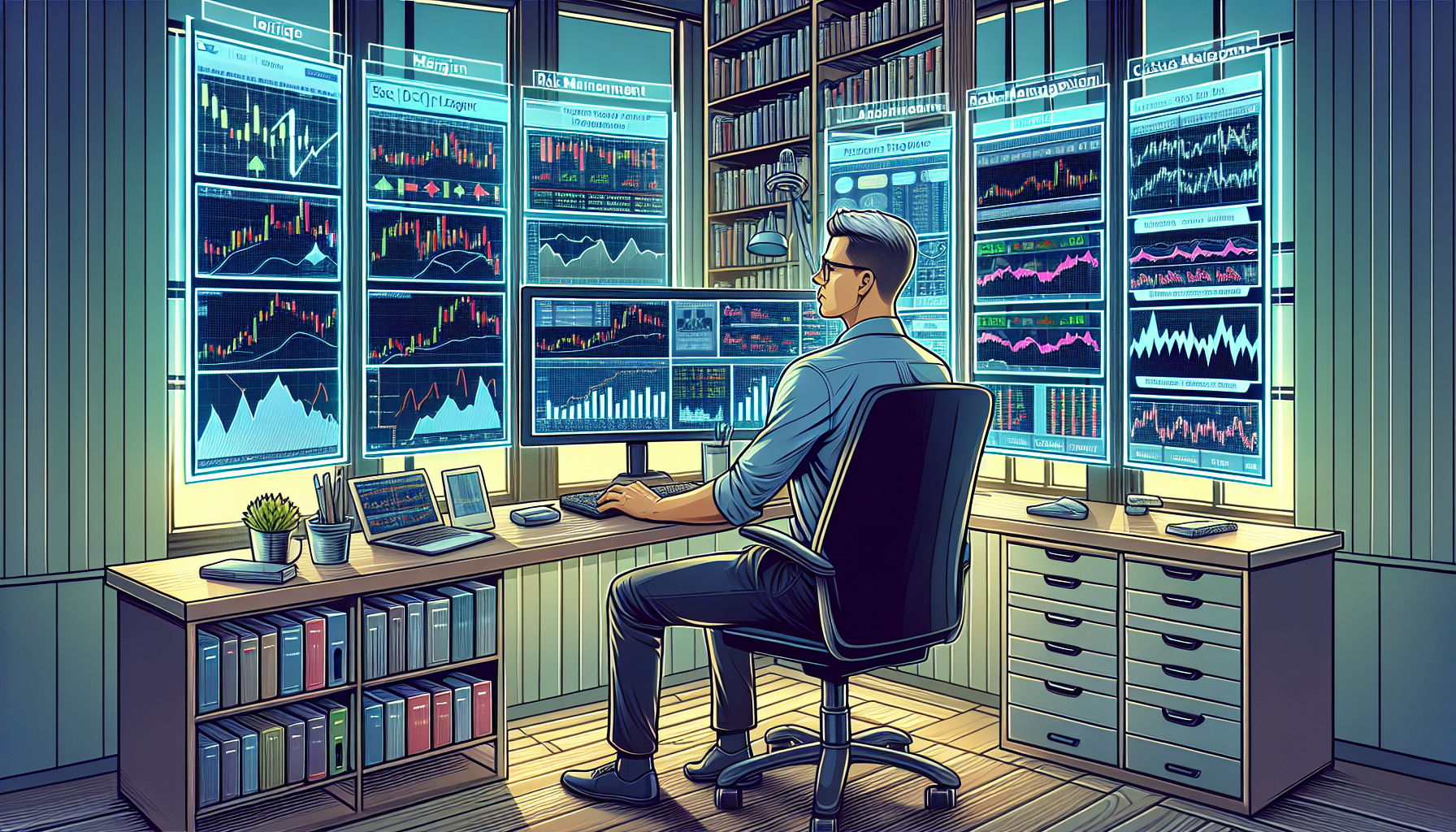 A detailed illustration showing a trader at a computer workstation with various charts and tools displayed on the NinjaTrader platform. The image highlights elements like margin indicators, risk management tools, and alerts. The background includes a bookshelf with trading books and a whiteboard with tips and reminders for effective margin management in trading. The trader appears focused and attentive, symbolizing the importance of avoiding common beginner mistakes.