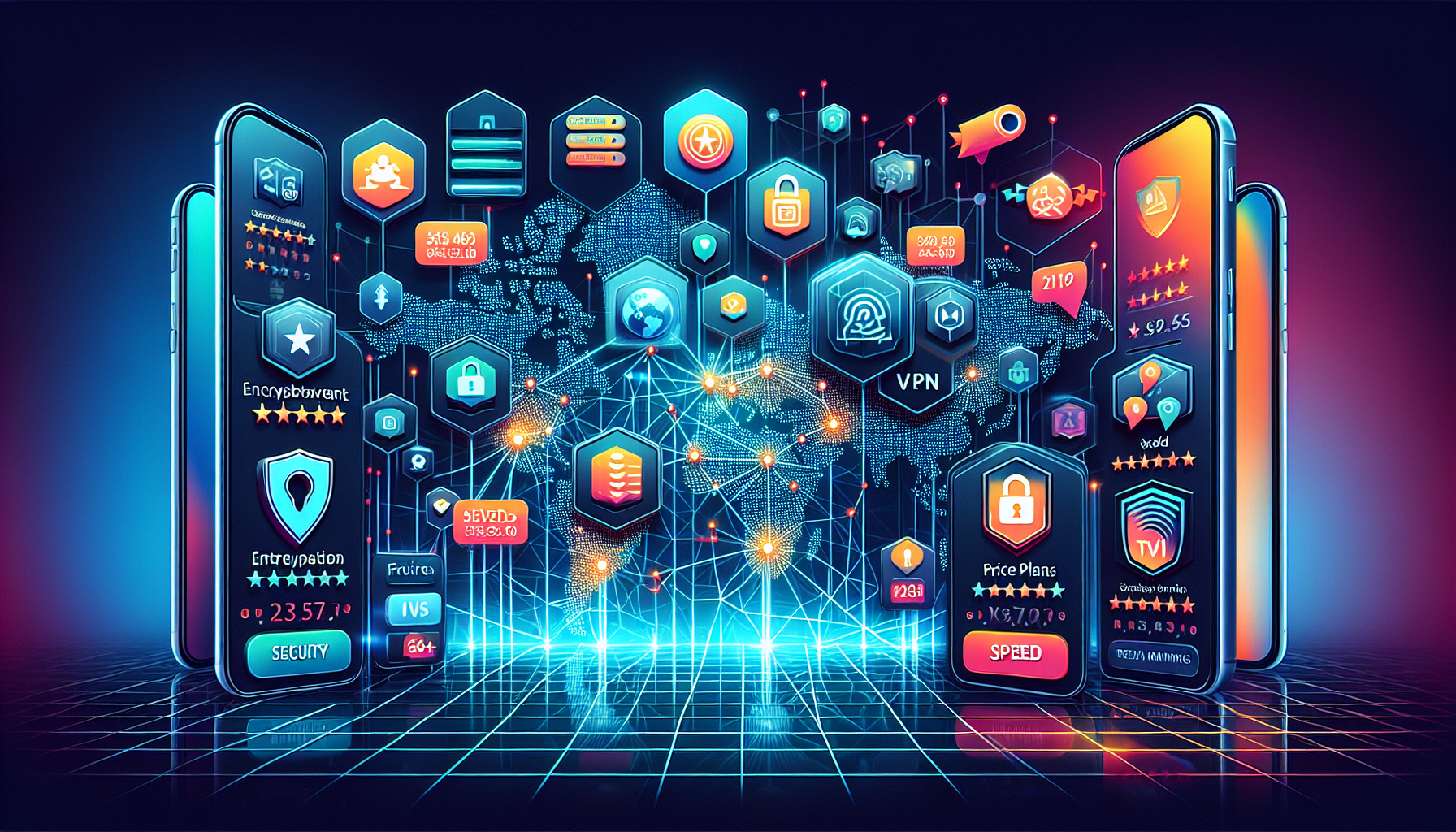 Imagine a detailed visual representation of the Las Principales VPN Apps del Mercado. The image features a clean, modern digital dashboard displaying a well-organized list of top VPN applications. Each app is highlighted with icons or logos, unique characteristics (like encryption strength, server locations), price plans displayed on hovering tabs, and user ratings represented by star systems and brief user testimonials. The background shows a world map with server connections linking different countries, signifying global reach. The interface looks sleek and user-friendly, emphasizing the security and accessibility offered by these VPN apps. Keywords and phrases like security, privacy, and speed subtly blend into the design.