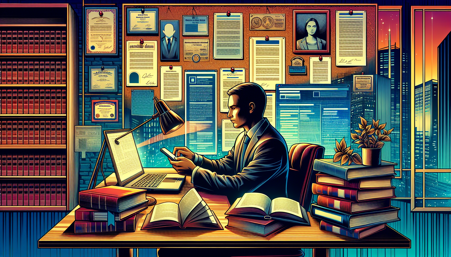 Detailed illustration of a person researching online, sitting at a desk with a laptop, surrounded by open books and legal documents. The room is filled with notes pinned to a corkboard that include names, credentials, and success rates of various local vehicle accident lawyers. The person is also holding a phone showing a webpage of a local bar association
