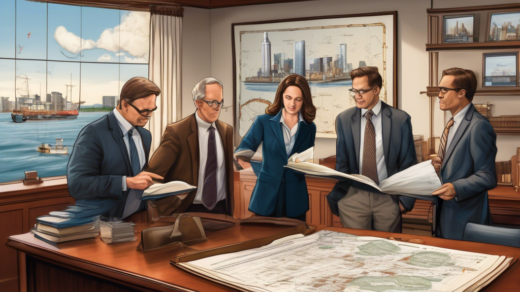 DALL-E prompt: Illustrate an office setting where a group of professional lawyers are engaged in discussion over maritime law books and nautical charts. One of the lawyers is pointing at specific laws in a thick book, while others listen intently. The background shows a framed photo of the Providence skyline and several client testimonial letters displayed prominently. Include elements like maritime-themed artwork, a model sailboat, and legal certificates on the walls to emphasize the specialization in boating accidents.