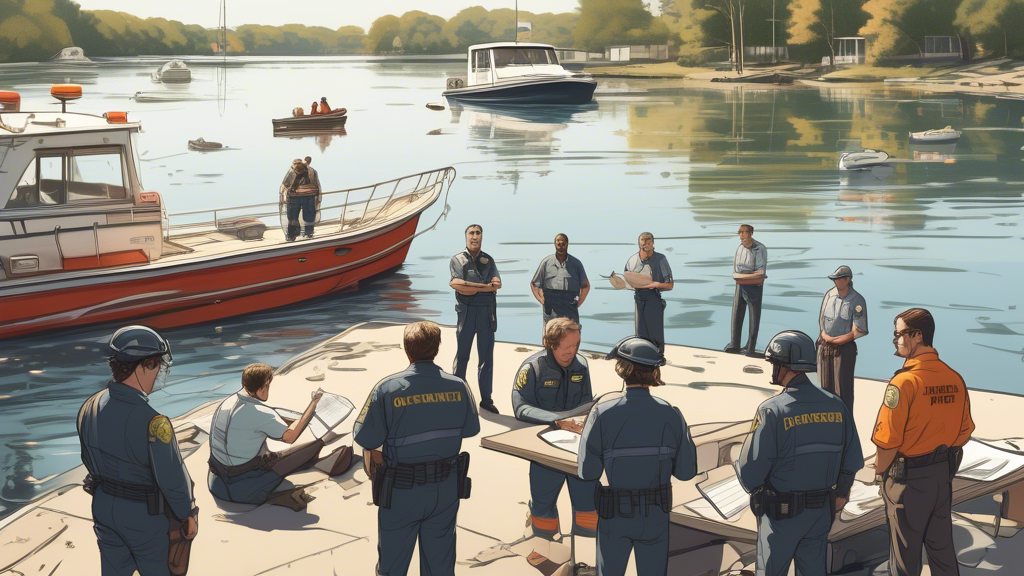 An illustrative scene depicting a serene Providence river with emergency response teams actively aiding a boating accident, while a group of individuals document the incident. In the foreground, an anxious boater consults with a composed, professional lawyer, who takes notes. The image captures the crucial steps taken immediately after a boating accident, emphasizing safety, legal compliance, and the early involvement of specialized Providence boating accident lawyers.