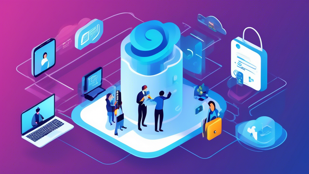 Create an image that depicts the main features and benefits of Azure Active Directory for businesses. The illustration should showcase a digital dashboard with user and group management tools, secure authentication options like Multi-Factor Authentication (MFA), and integrated identity management with robust access controls. Highlight the seamless integration with cloud services and enhanced security measures that simplify the management of employee identities in a corporate environment. Use a modern, professional style with bright, cloud-themed visuals and include graphical representations of user icons, security shields, and key access icons.