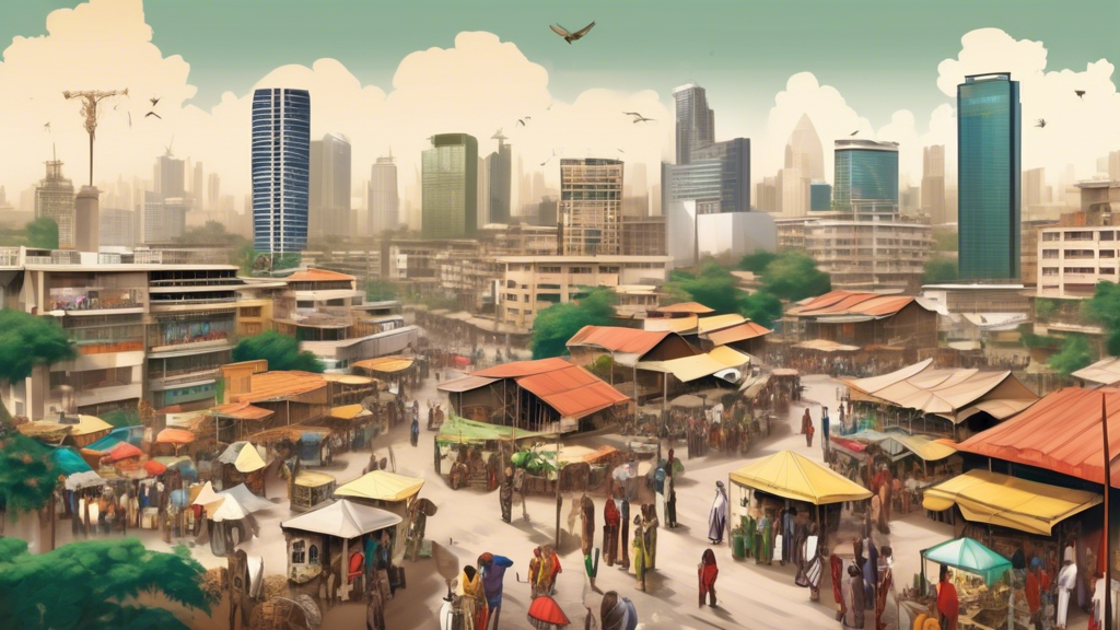 Create an image of a bustling Nigerian urban landscape showing diverse property types, including high-rise luxury apartments, commercial buildings, and traditional markets, with a map highlighting various regions showing growth potential. Incorporate diverse groups of people assessing properties, showing both local and foreign investors in business attire. Label the regions on the map with growth indicators, and add a vibrant, modern skyline in the background to indicate a thriving investment environment.