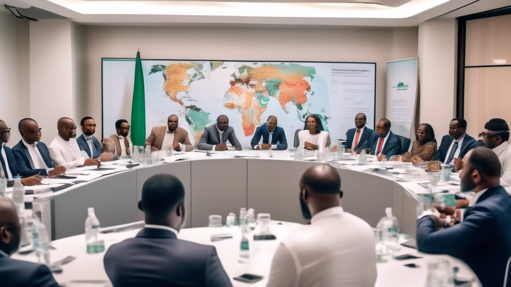 Visual representation of a roundtable discussion among diverse property market experts, including Nigerian government officials and international investors, actively brainstorming solutions to overcome the challenges in the 2023 Nigerian property market. The scene is set in a modern, well-lit conference room with visible charts displaying market trends and policies on the walls, showcasing a collaborative effort to boost investment and resolve issues in the Nigerian property arena.