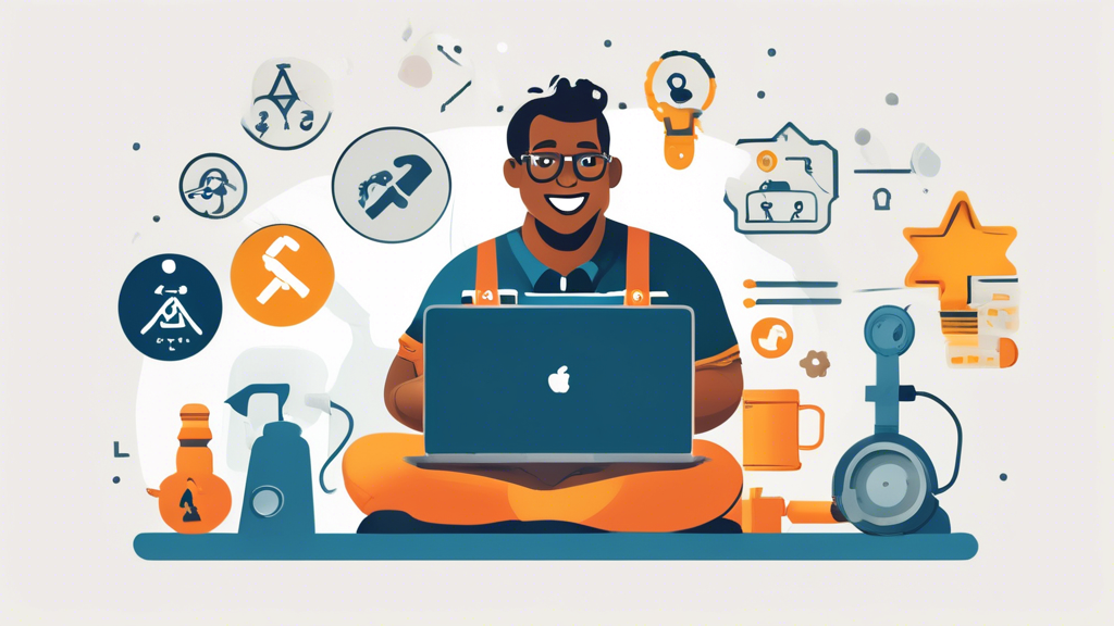 Create an image of a homeowner sitting at a table with a laptop, researching trenchless pipe repair services online. Surrounding the homeowner are elements representing key criteria for selecting a service: a certification badge, a symbol for experience (like a trophy or medal), star ratings and reviews, a plumber holding tools, and a speech bubble with a question mark indicating important questions to ask. Emphasize a modern, clean design to convey the subject of modern plumbing technology.