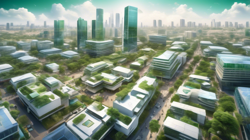 An aerial view of a bustling Nigerian city showcasing a mix of green, sustainable buildings interspersed with traditional architecture, alongside visualizations of people using virtual reality headsets and interacting with high-tech property management systems. In the background, globally diverse investors are depicted examining architectural blueprints and digital displays, symbolizing foreign investment and economic collaborations shaping the booming property market.