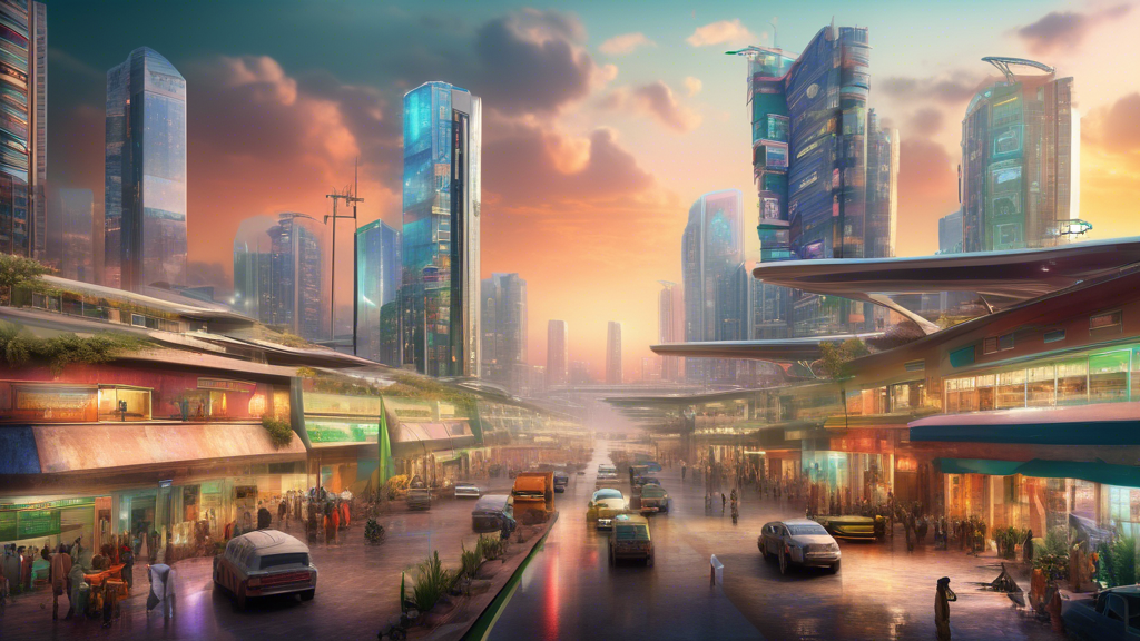 An artistic visualization of a futuristic Nigerian cityscape in 2023, showcasing a blend of residential, commercial, and industrial properties thriving in potential investment hotspots, with visible infrastructure development and a lively atmosphere indicating economic growth and prosperity.