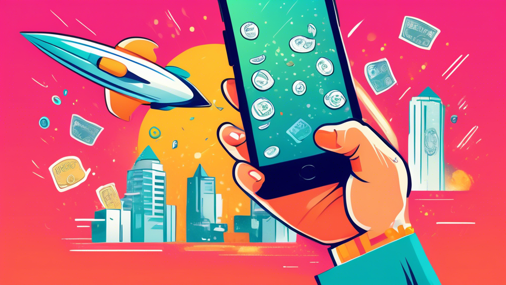 A hand holding a smartphone displaying various side hustle job options, like freelance writer, virtual assistant, and online tutor, with money raining down and a rocket ship launching in the background.