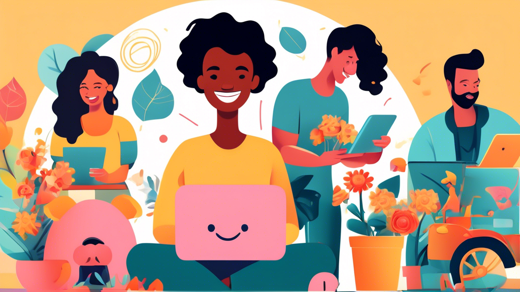 A diverse group of people smiling while working on different side hustles - a person typing on a laptop at a coffee shop, someone arranging flowers in a home studio, and another delivering food on a bike. They should look happy and fulfilled.  Include elements of financial freedom like money, a piggy bank, or a graph showing upward growth.