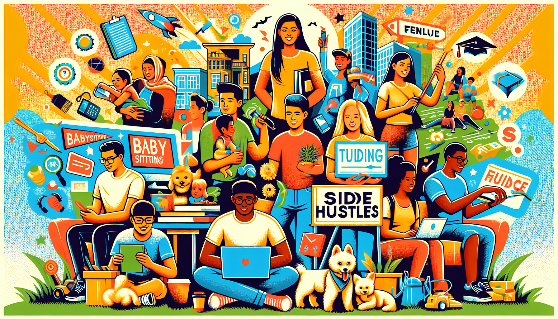 Prompt for DALL-E:

Create an illustration depicting a collage of top side hustles for teens. Include a diverse group of teenagers engaged in various activities such as babysitting, pet sitting/dog walking, tutoring, lawn care, and freelance gigs like graphic design or writing. Add elements like books, computers, pets, and lawn tools to represent each side hustle. The scene should be vibrant, energetic, and visually appealing, reflecting the enthusiasm and motivation of teens earning extra cash through these opportunities.