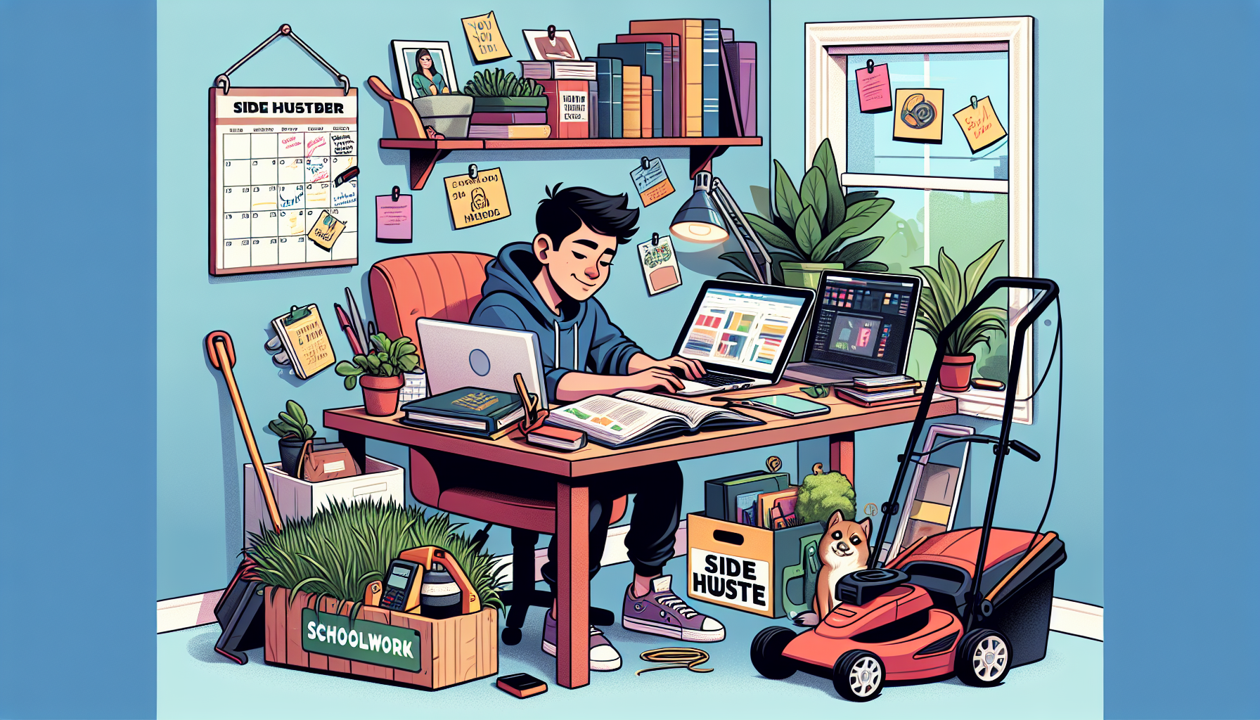 Create an image that shows a motivated teenager balancing different activities related to both school and side hustles, such as studying at a desk with textbooks and a laptop, while also having tools for a side hustle like a lawn mower, a pet leash, and a graphic design tablet nearby. There should be a calendar or planner visibly marked with time slots for school and side hustle tasks to emphasize time management. The background should include both a cozy, organized study area and items representing various side hustle activities.