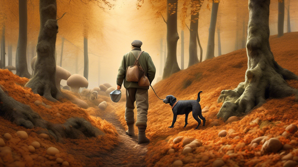 An enchanting autumn forest scene with a truffle hunter and his trained dog diligently searching the earthy undergrowth for hidden truffles, demonstrating the traditional and skilled method of truffle hunting, with detailed renderings of the surrounding foliage and underground truffle views.