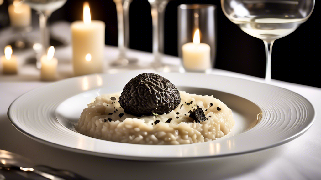 An elegant dinner setting with a plate of gourmet truffle risotto in the spotlight, served on a pristine white table. Surrounding the dish are fresh black and white truffles, a small bowl of truffle butter, and finely grated truffle shavings sprinkled about. Soft candlelight enhances the luxurious ambiance, hinting at an upscale dining experience that showcases the use of truffles in high-end cuisine.