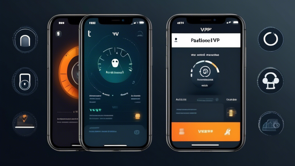 Create an image that highlights the key features of the best VPNs for the iPhone. Showcase a sleek iPhone with its screen displaying a user-friendly VPN app interface. Surround the iPhone with visual representations of encryption (such as a padlock or shield), security protocols (like a secure connection icon), and speed (depicted with a speedometer). Emphasize a global reach with server locations around the world. The scene should be modern, tech-savvy, and professional, conveying trust and efficiency. Include subtle branding elements for variety and differentiation.