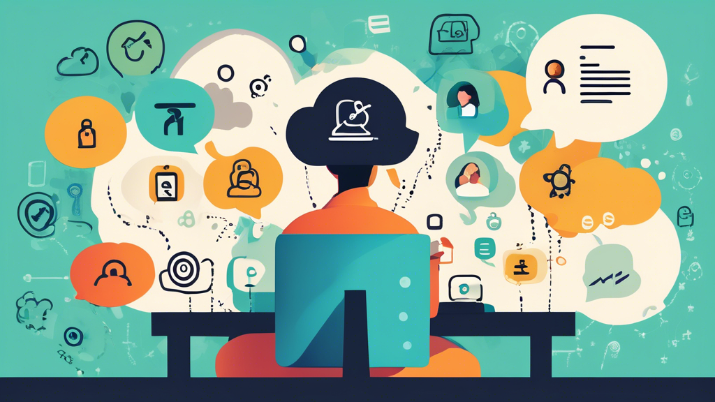 Create an image that shows a person sitting at a computer with various thought bubbles around their head. Each bubble contains icons representing different factors to consider when choosing an online privacy company: a lock and key (representing encryption), a magnifying glass over a document (representing transparency reports), a dollar sign (representing cost comparison), and a speech bubble with star ratings (representing customer testimonials and expert reviews). The background shows symbols of numerous online privacy companies, subtly blending into the scene. Keywords: companies that protect your privacy online.
