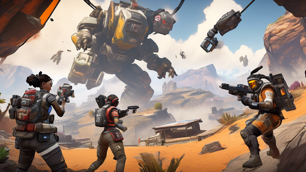 A dynamic scene of an intense Apex Legends tournament showing a team of three players in-game, each character visibly communicating through in-game chat and gestures. The team is strategically positioned, with one character scouting ahead, another providing cover fire, and the third setting traps or healing. The background showcases a high-stakes environment with a shrinking playzone and an engaging landscape filled with obstacles. The players’ expressions and body language should emphasize focus and coordination, highlighting the importance of communication and strategy in competitive play.